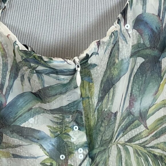 Bebe Sleeveless Blouse Tropical Chiffon Leaf Print Clear Sequins Size 6 NWT - Picture 7 of 13